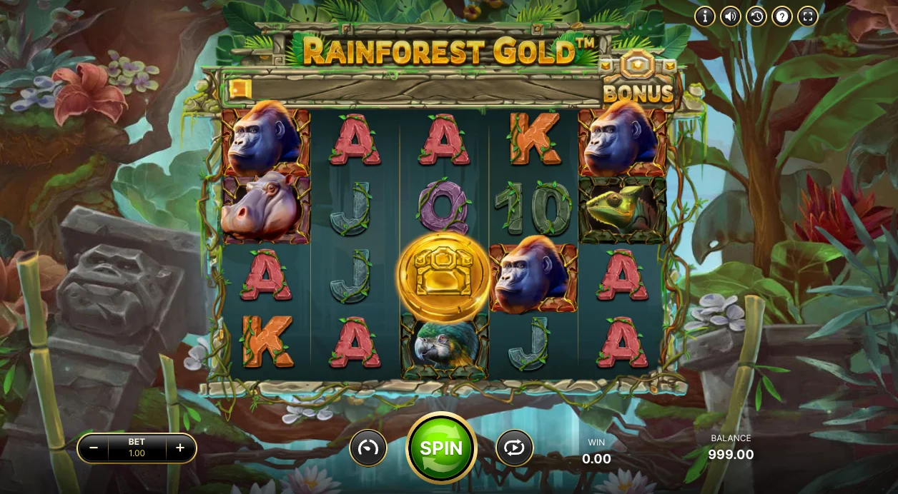 Rainforest Gold Wild Treasure Bonus feature showing the gold coin collection grid
